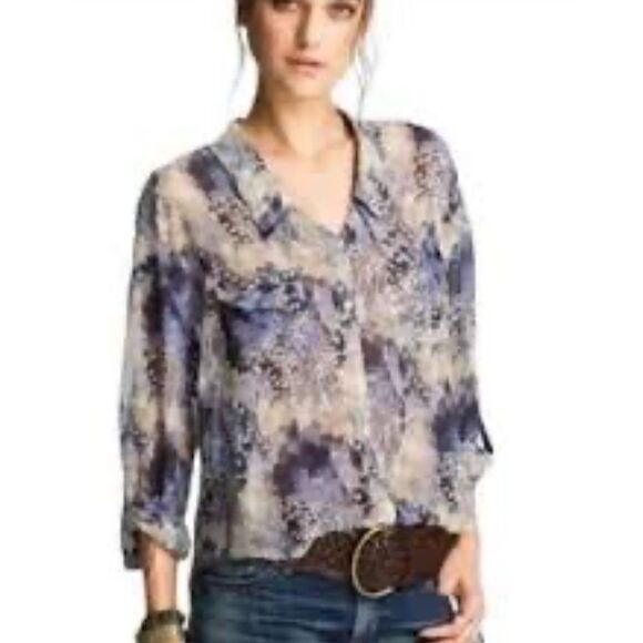 Free People Chiffon Button Up Oversized Blouse Sz XS/S Blue & Tan - Picture 1 of 10